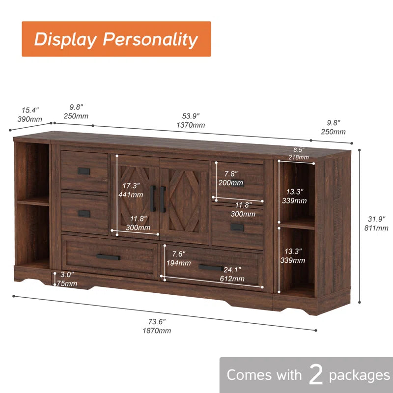 Glenford Modern Farmhouse 73.5" Wide Wood Barn Door Storage Cabinet with 6 Drawers and Open Storage Shelf