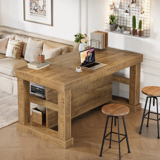55-Inch Stationary Kitchen Island with Storage Shelves and Large Worktop, Farmhouse Style, Light Brown