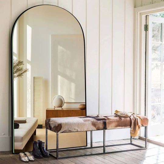 Modern Arched Full-Length Wood Floor Standing Mirror