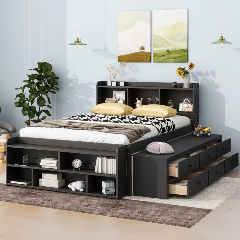Storage Platform Bed with Bookcase Headboard,Drawers and Bed End Storage Case,Full Size