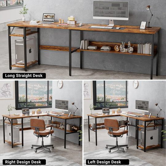 Reversible L Shaped Desk with Storage Shelves, Home Office Corner Desk with Charge Station
