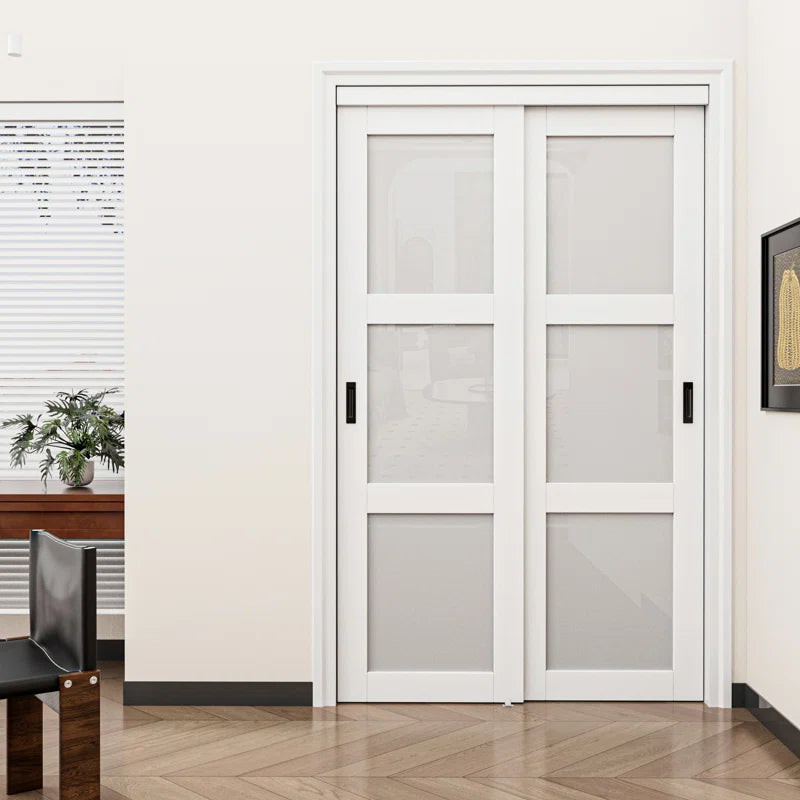 80"H 3-Lite Frosted Tempered Glass Sliding Closet Door with Hardware Kit & Handles