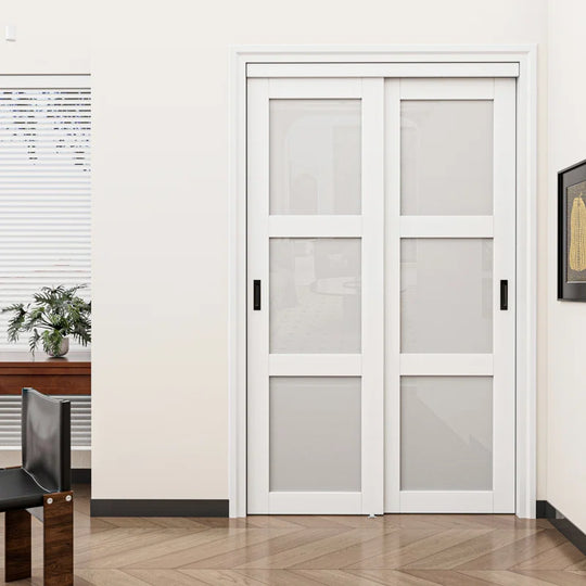 80"H 3-Lite Frosted Tempered Glass Sliding Closet Door with Hardware Kit & Handles