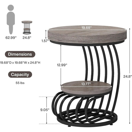 2 Tiers round End Table with Shelf Storage, Arc-Shaped Side Sofa Table