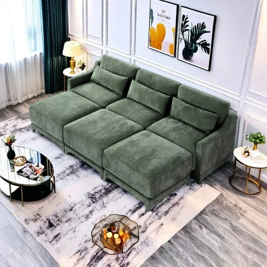 Modern Chenille 4-Seater Sofa with 2 Ottoman, Lumbar Cushions, Ergonomic Backrest, High-Resilience Spongeand Tufted Armrests