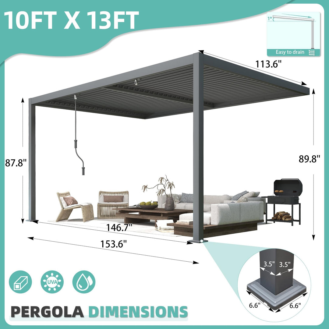 Outdoor Louvered Pergola Gazebo with Adjustable Aluminum Rainproof Roof and Pull-Down Screen