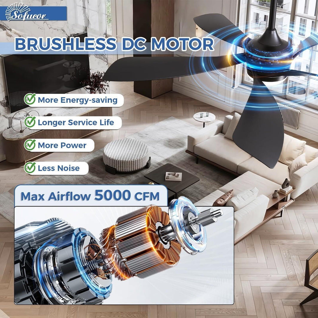 Sofucor 45/52 Inch Ceiling Fan with Remote & Lights Quiet DC Motor 5 Blade High CFM Modern Fan