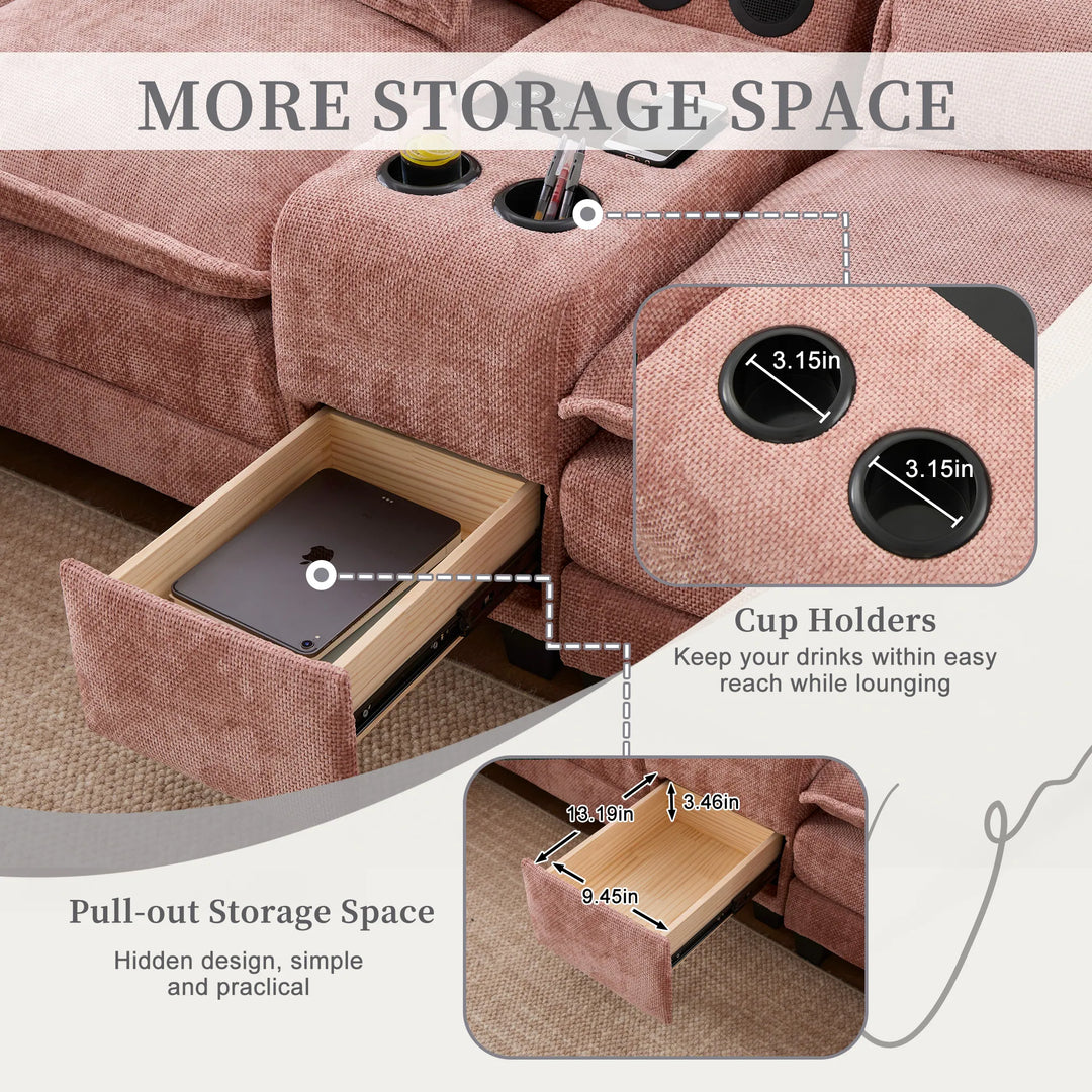 6-Seat Chenille Upholstered Modern U-Shaped Sectional Multifunctional Sofa with 2 Cup Holders,Pull-Out Storage Space