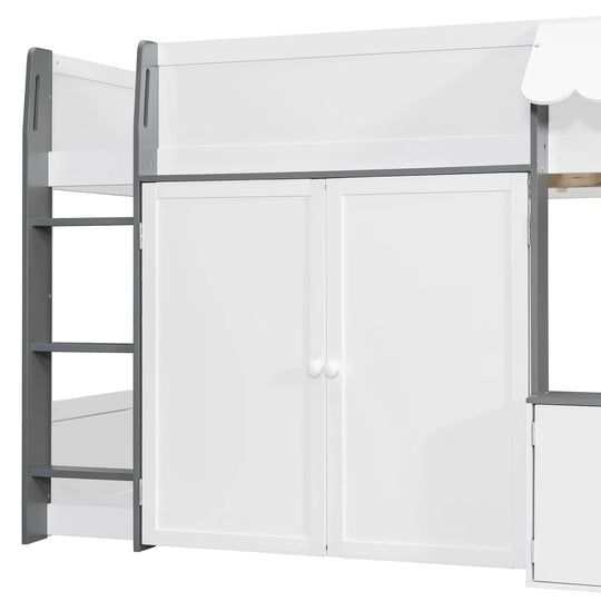 Full Loft House Bed with Playhouse Storage Modern Wood Cabin Bed for Kids
