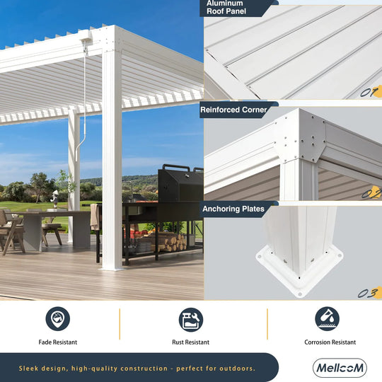Outdoor Louvered Pergola Gazebo with Adjustable Aluminum Rainproof Roof and Pull-Down Screen