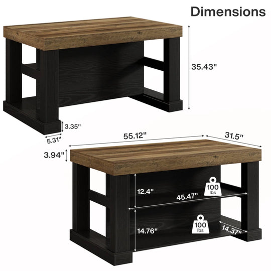 55-Inch Stationary Kitchen Island with Storage Shelves and Large Worktop, Farmhouse Style, Light Brown