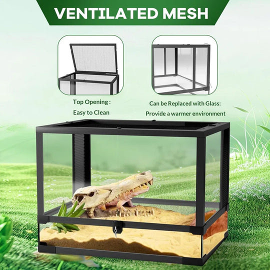 Reptile Glass Terrarium with Top & Side Screen Ventilation Reptile Terrarium, Double Hinge Door & anti Escape Reptile Tank