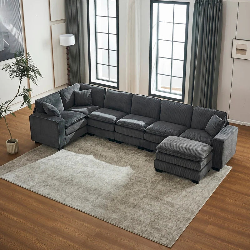 Modern U-Shaped 6-Seater Sectional Sofa with One Footstool