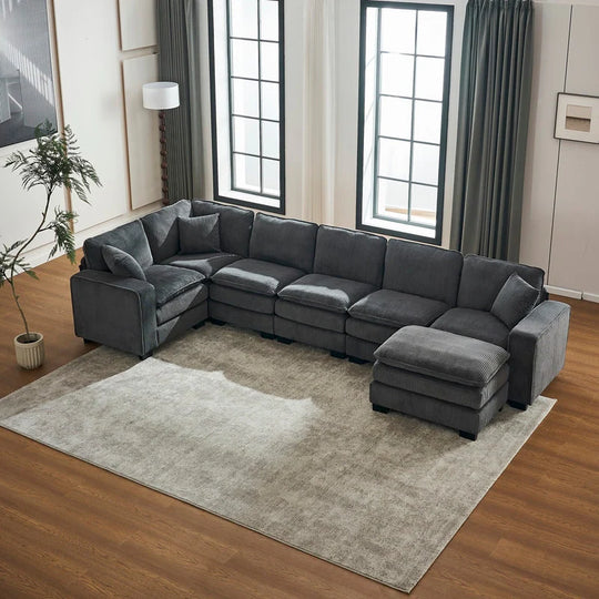 Modern U-Shaped 6-Seater Sectional Sofa with One Footstool