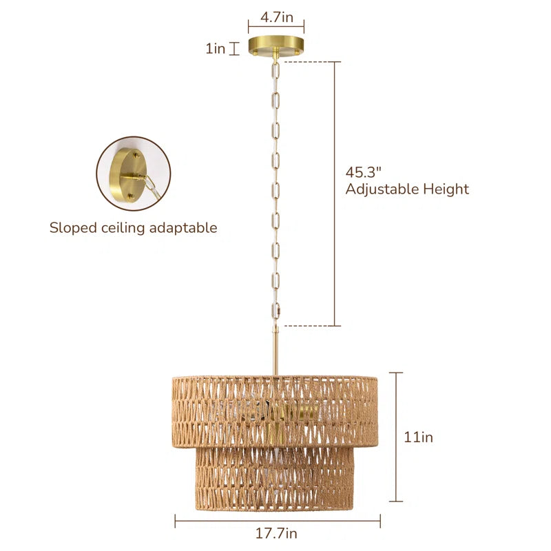 4 - Light 17.7" Hand-Woven Rattan Drum Chandelier