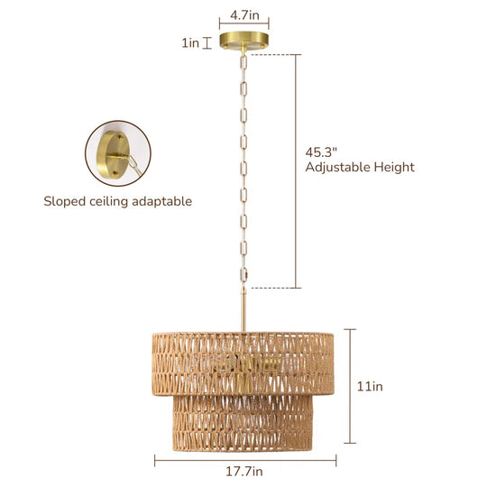 4 - Light 17.7" Hand-Woven Rattan Drum Chandelier