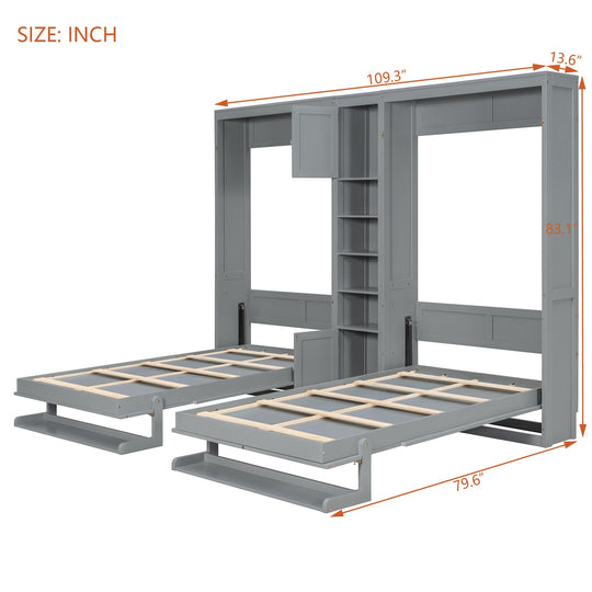 Dual Twin Size Wall Murphy Beds with Cabinets and Shelves, Space-Saving Design