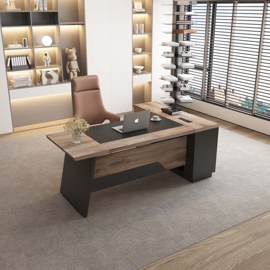 78.74 Inches L-Shape Executive Desk, Industrial Wood Desk with Cabinet Drawer Storage Shelves