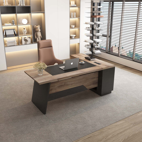 78.74 Inches L-Shape Executive Desk, Industrial Wood Desk with Cabinet Drawer Storage Shelves