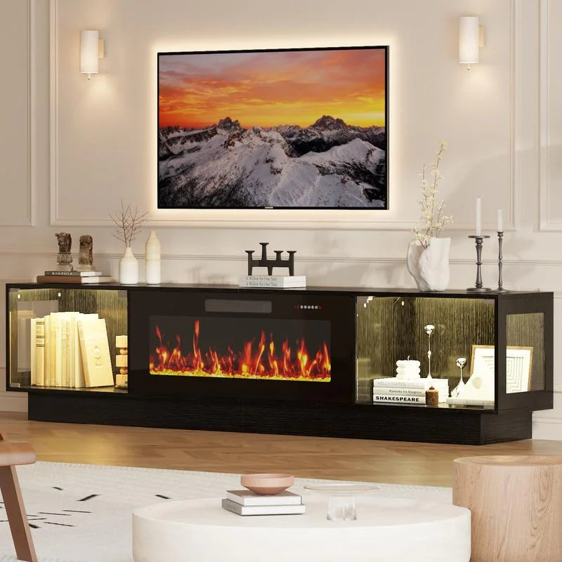 80" Fireplace TV Stand with Adjustable LED Lights, Modern Entertainment Center with Glass Door Storage Cabinet, Black