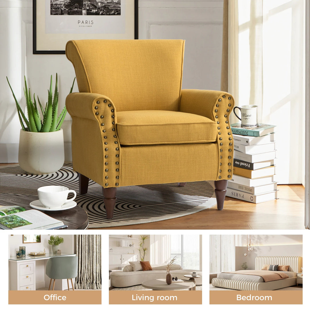 Nyctelius Upholstered Comfy Accent Chair with Turned Wooden Legs and Nailhead Trim Set of 2 by