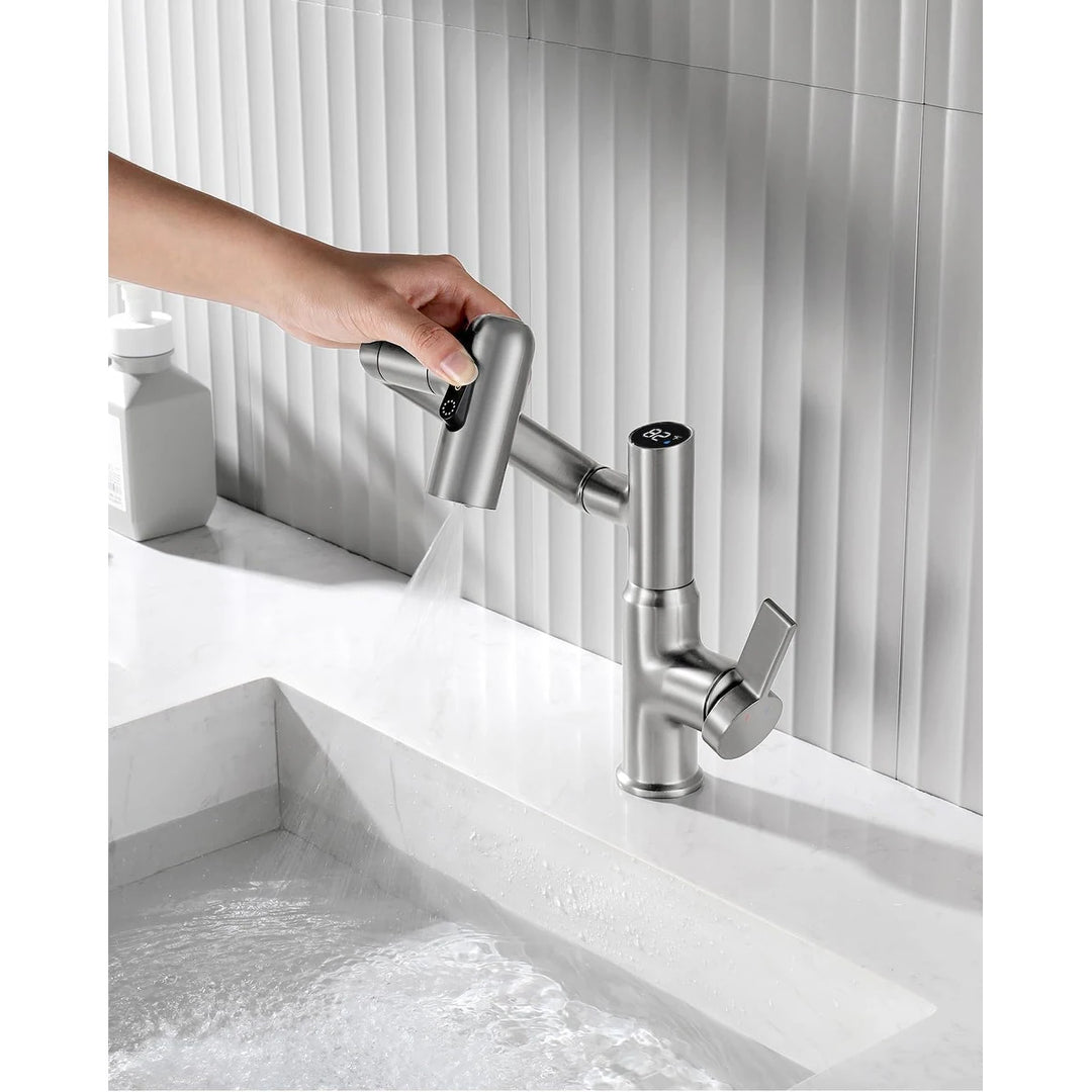 Rotatable Bathroom Faucet with Temperature Display in Fahrenheit (Batteries-Free), BF2204