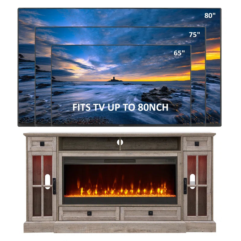 Aira 70"W Farmhouse Fireplace TV Stand with Timer, Wood Media Console for Tvs up to 80" with Fireplace Included