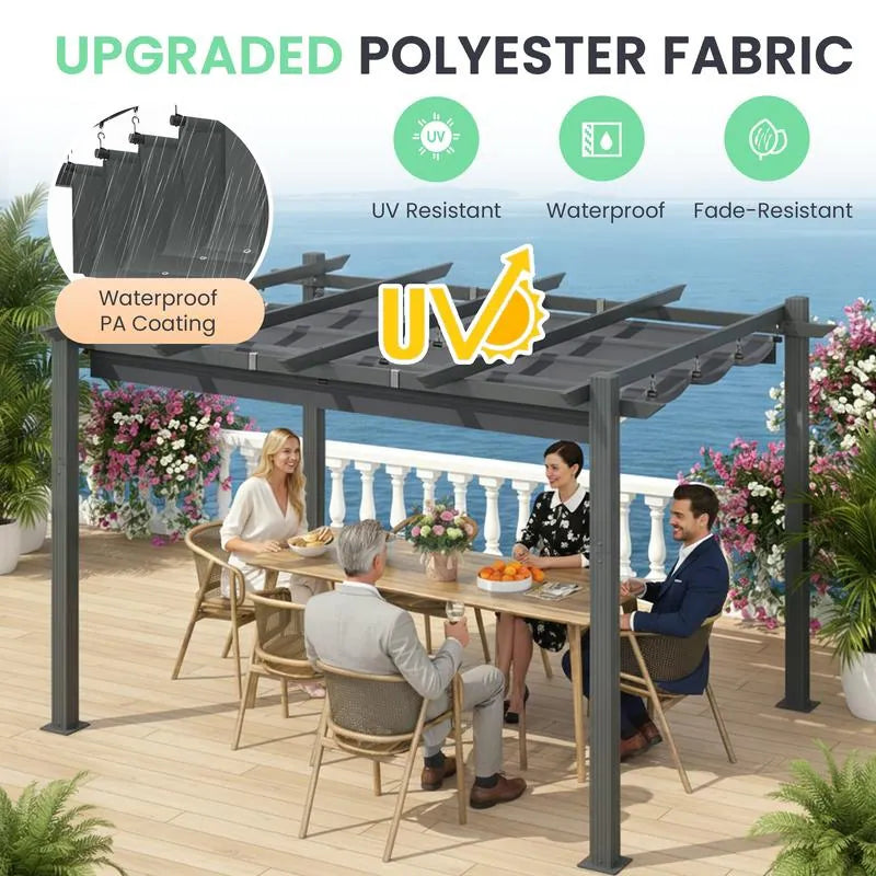 10' X 13' Outdoor Pergola with Retractable Canopy, Heavy-Duty Metal Frame and Adjustable Patio Shade Roof