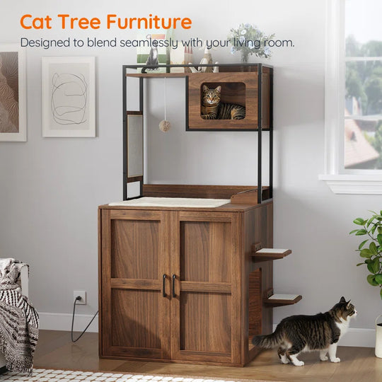 Cat Tower with Litter Box Enclosure with Shelves and Charging Station