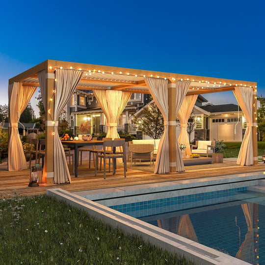 Outdoor Louvered Pergola Gazebo with Adjustable Aluminum Rainproof Roof and Pull-Down Screen