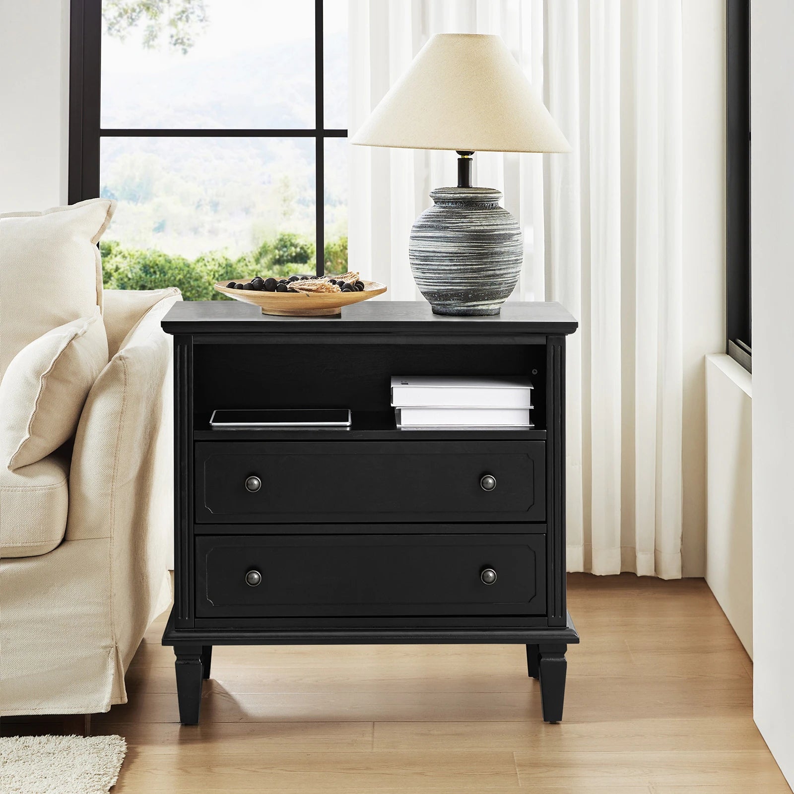 Kamilo Transitional 28''W 2-Drawers End Table with Built-In Charging Station and Solid Wood Legs by