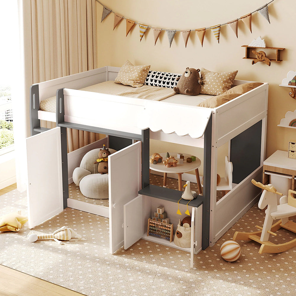 Full Loft House Bed with Playhouse Storage Modern Wood Cabin Bed for Kids