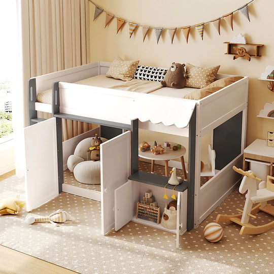 Full Loft House Bed with Playhouse Storage Modern Wood Cabin Bed for Kids