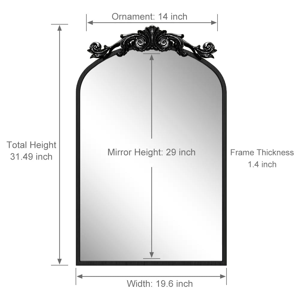Arched Vintage Wall Mirror and Metal Frame Baroque Style Bathroom Vanity Mirror