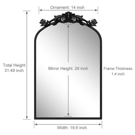 Arched Vintage Wall Mirror and Metal Frame Baroque Style Bathroom Vanity Mirror