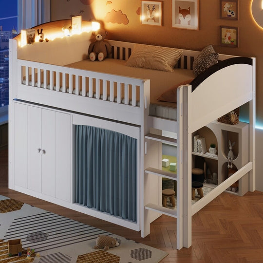 Loft Bed with Storage Cabinet and LED