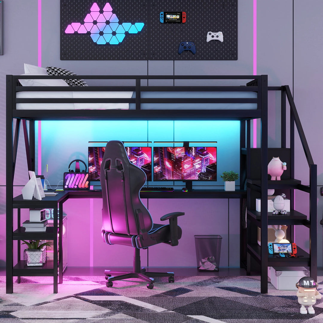 Metal Full Loft Bed with Wardrobe and LED Light, Full Size Loft Bed with L Shaped Desk and USB for Kids Teens Adults