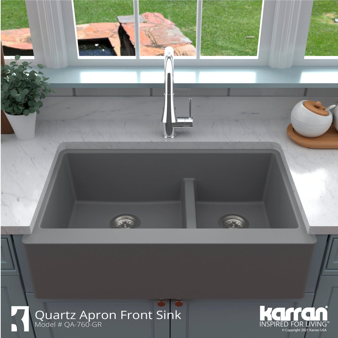 Farmhouse/Apron-Front Quartz Double Bowl Kitchen Sink