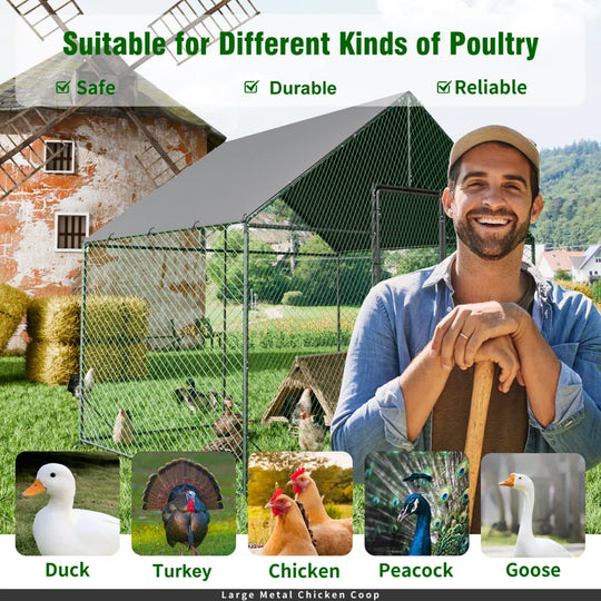 Upgraded Anti-Rust Metal Chicken Coop with Run Walkin Poultry Cage Habitat with Feeding Door, Waterproof and Snow /Rain Accumulation Prevent Cover for Backyard Farm Garden