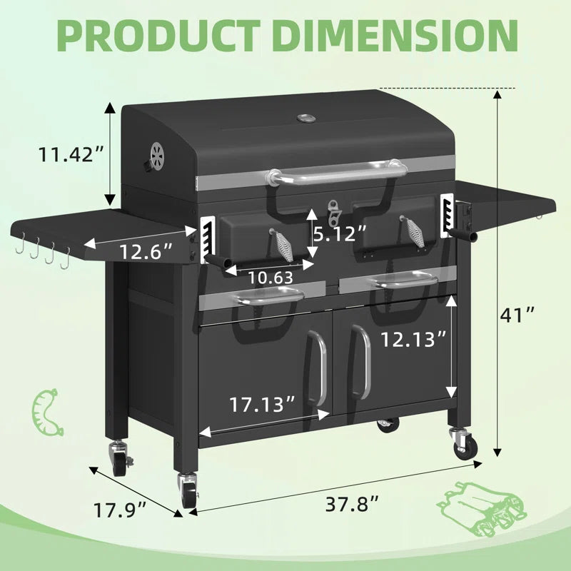 37.8" Dual Zone Charcoal Bbq Grill with Adjustable Charcoal Trays and 2 Foldable Side Table
