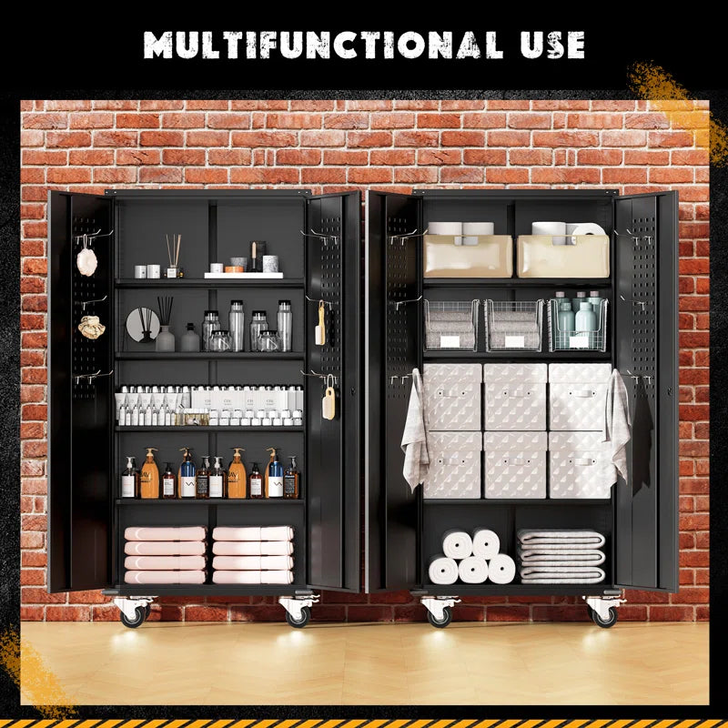 Metal Garage Storage Cabinets with Wheels & Pegboard, 72"H Rolling Storage Cabinet with Lockable Doors and 4 Adjustable Shelves, (72" H×32" W×16" D)