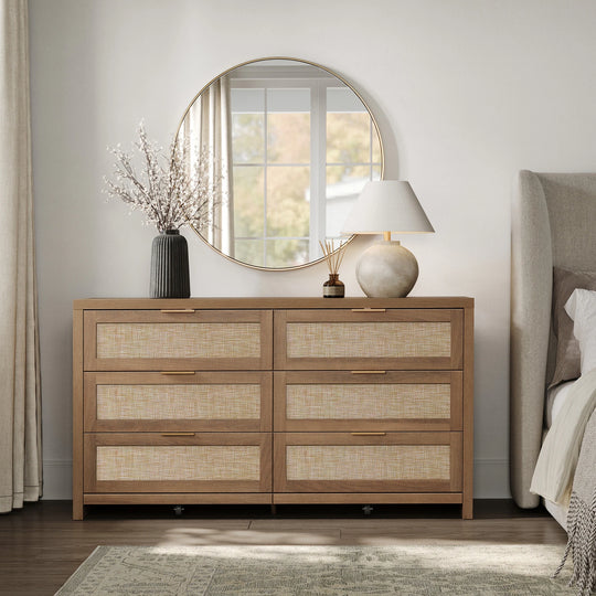 Elegant Right Angled Dresser with 6 Rattan Woven Drawers