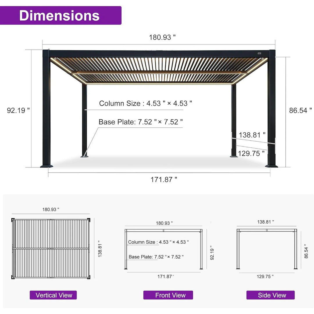 Solar Louvered Pergola with LED String Lights Aluminum Outdoor Pergola with Adjustable Roof for Patio Garden