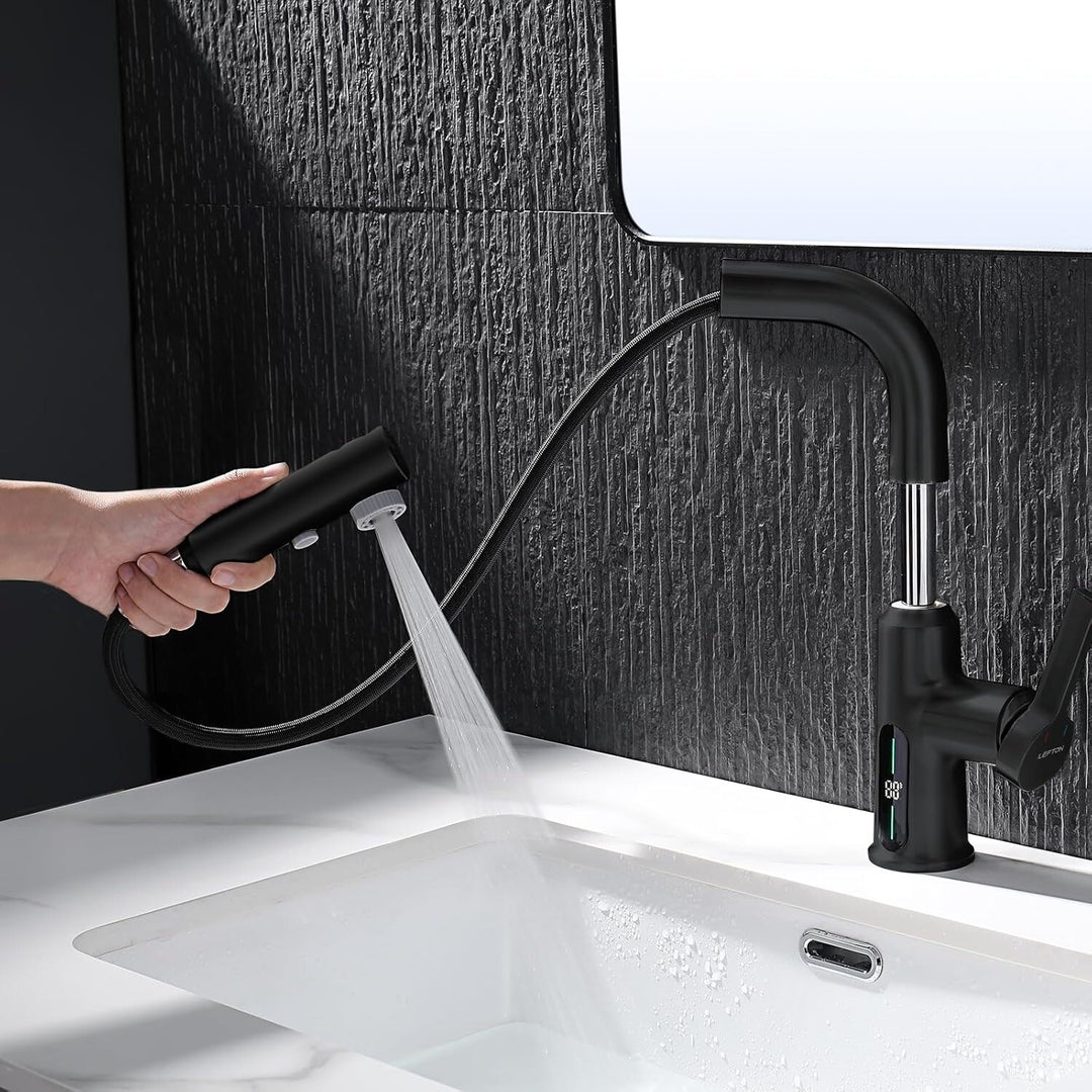 Single Hole Liftable Bathroom Faucet with Temperature Display in Fahrenheit, 3 Water Modes, BF2501