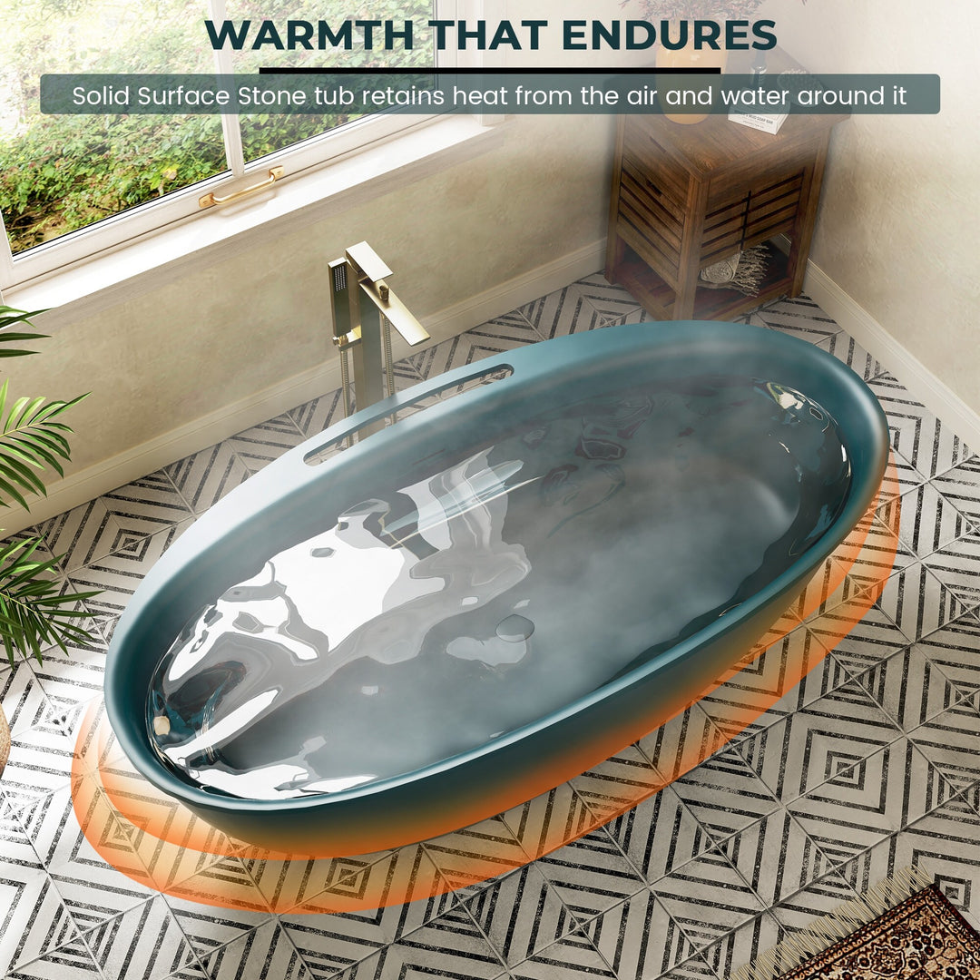 Luxury Flatbottom Solid Surface Freestanding Soaking Bathtub with Discreet Towel Slot and Drain Assembly