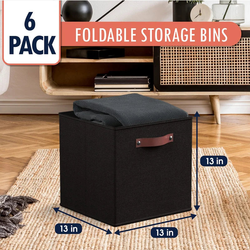 Foldable Collapsible Storage Box Bins Linen Fabric Shelf Basket Cube Organizer with Leather Handles - Set of 6
