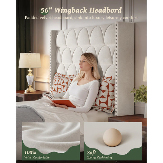 Hansabenne Solid Wood Bed Frame Queen and King Platform Bed Frame with Headboard White and Gray