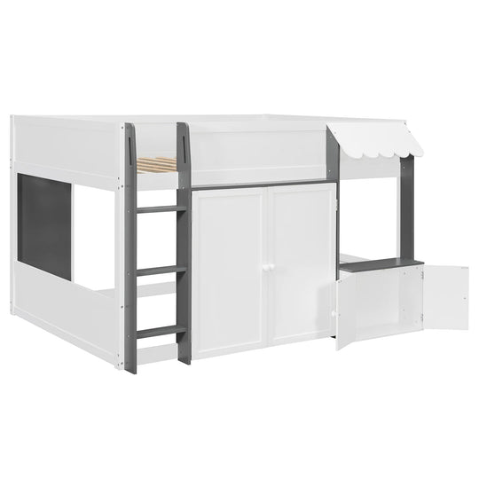 Full Loft House Bed with Playhouse Storage Modern Wood Cabin Bed for Kids