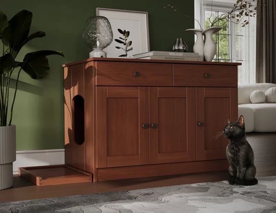 Palace Imports 100% Solid Wood Haajarah 3-Door Cat Litter Enclosure with 2-Drawers and Litter Catch