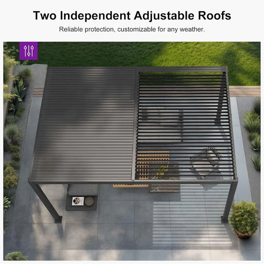 Solar Louvered Pergola with LED String Lights Aluminum Outdoor Pergola with Adjustable Roof for Patio Garden